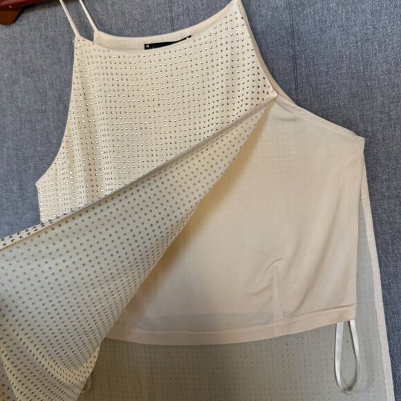Y2k Sheri Bodell Cream Gold Drop Embellished Slinky Open Side Strappy Top - Picture 4 of 13